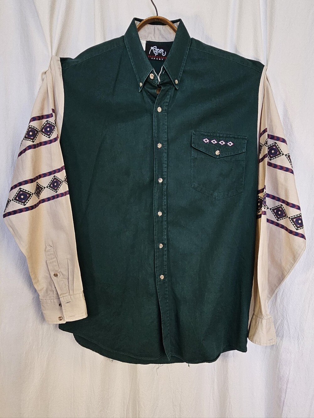 VTG Teal ROPER Western Cowboy Cotton Southwest Aztec Button-Down Shirt USA Large